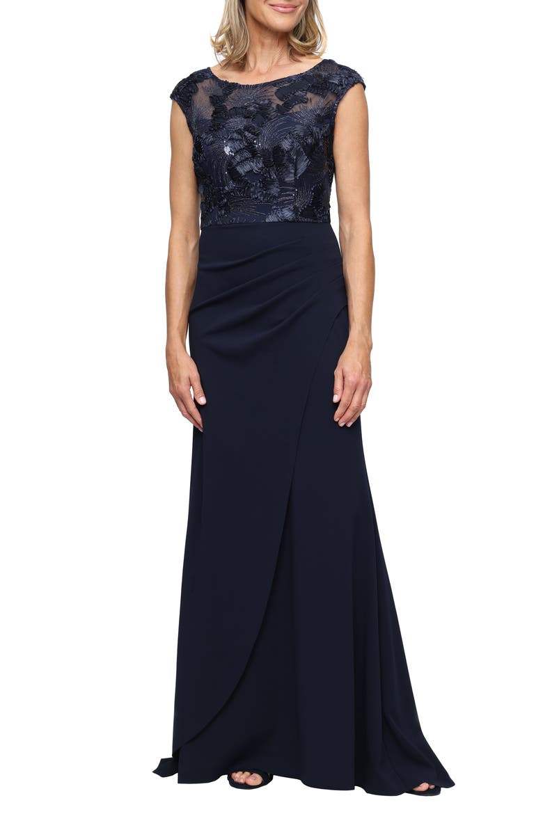 Soutache Crepe Gown, Main, color, NAVY