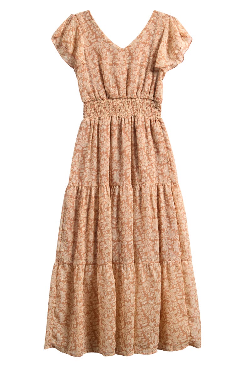 Tiered Floral Midi Dress, Main, color, TAUPE IVORY
