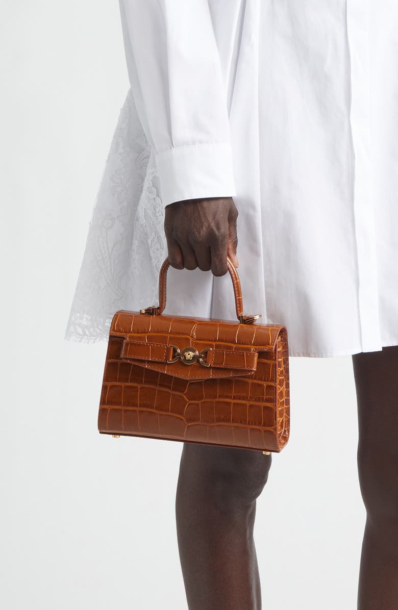 Versace Small Medusa '95 Croc Embossed Leather Top Handle Bag, Alternate, color, Light Brown Gold