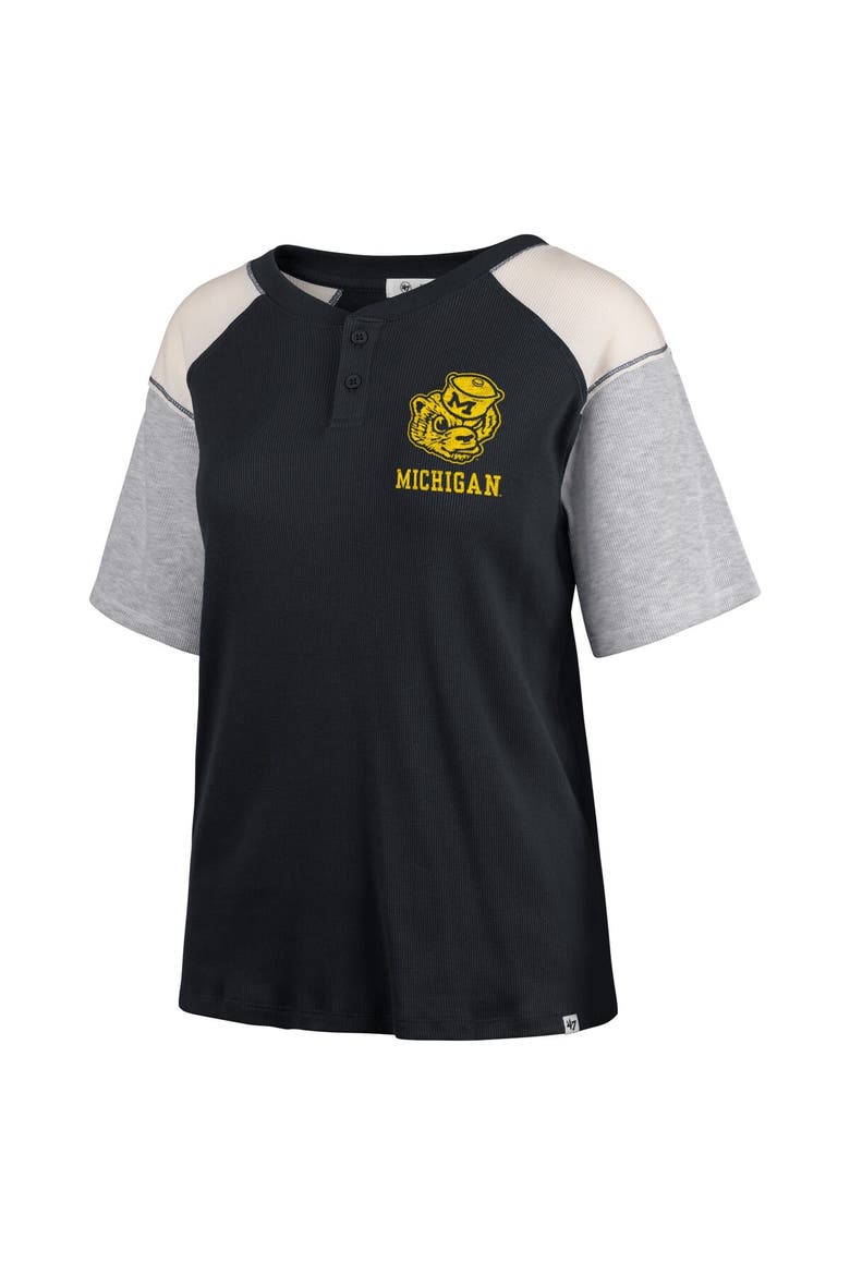 Women's '47 Black Michigan Wolverines Underline Harvey Colorblock Raglan Henley T-Shirt, Alternate, color, Black