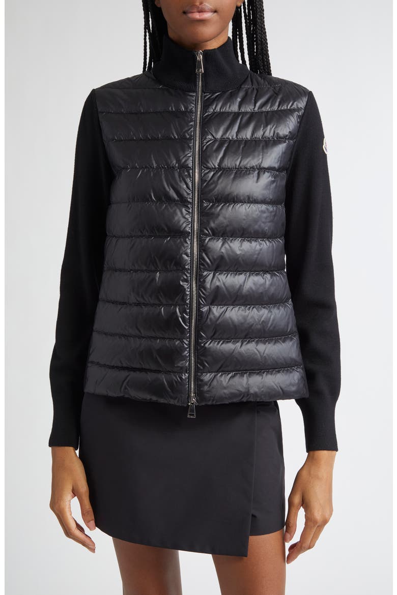 Quilted Nylon & Wool Knit Cardigan, Main, color, BLACK