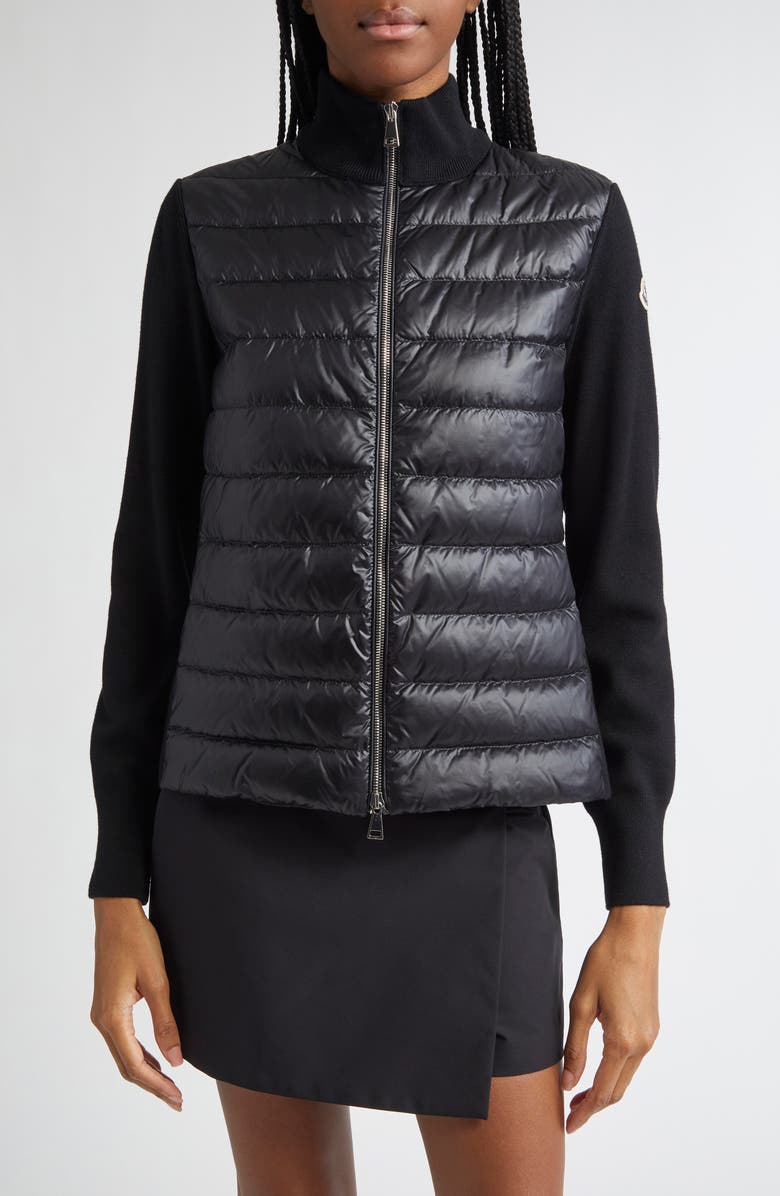 Moncler Wool Knit & Down Cardigan, Main, color, Black