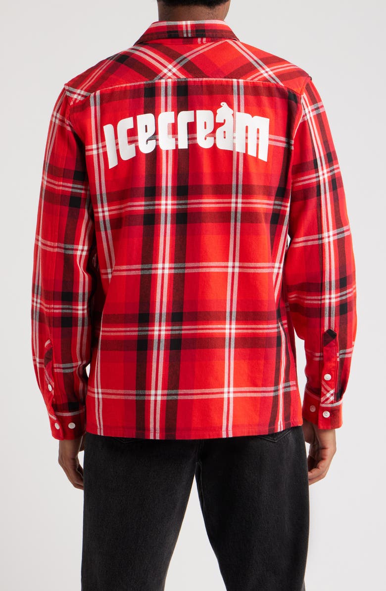 ICECREAM Jack Plaid Cotton Graphic Button-Up Shirt, Alternate, color, Fiery Red