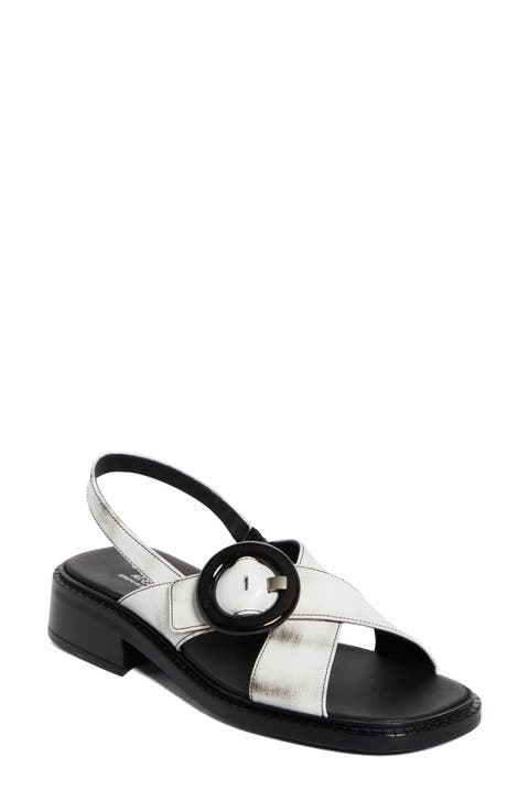 【K】PRADA Leather Low Heels Authentic PRADA Black Leather Heels Silver Logo Buckle Shoes