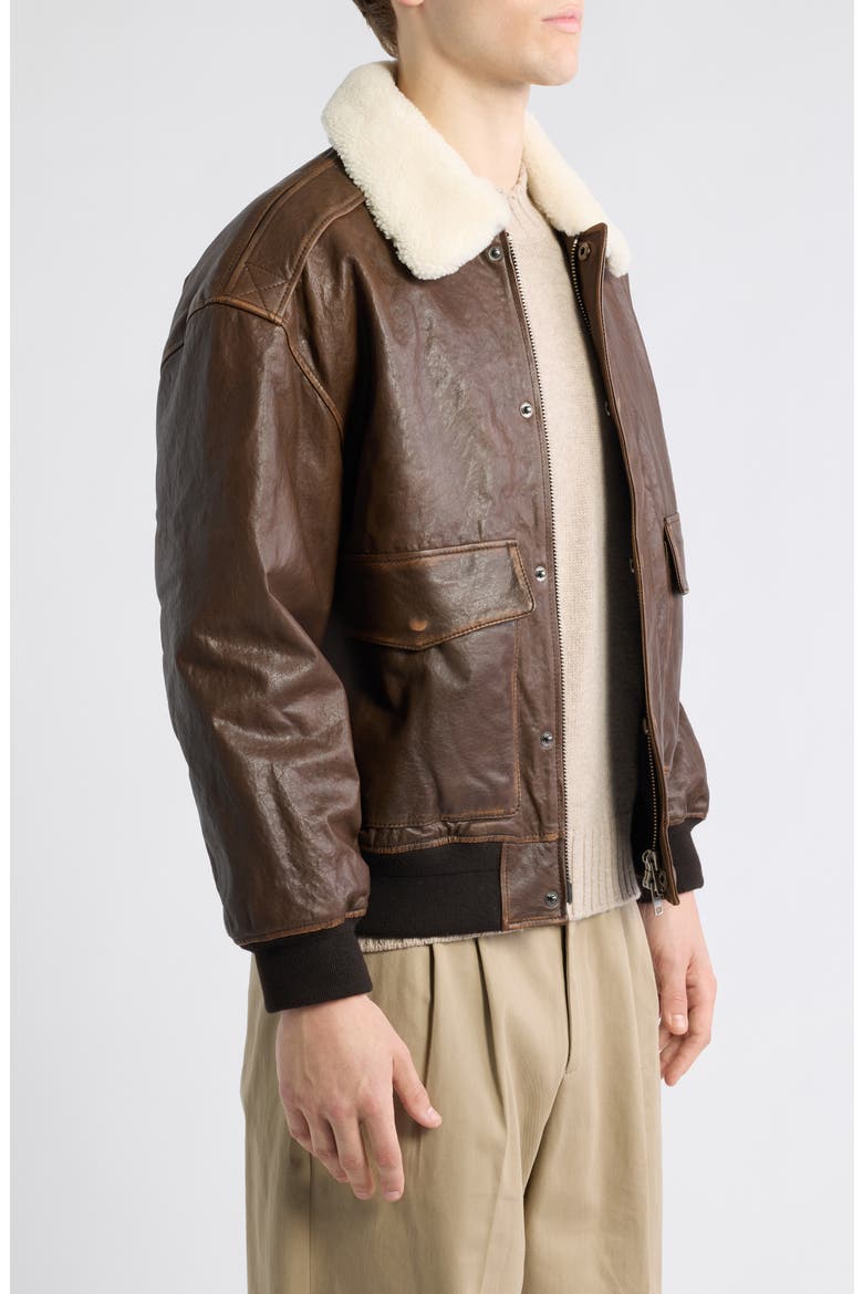 Unisex Detachable Genuine Shearling Collar Leather Bomber Jacket, Alternate, color, BROWN