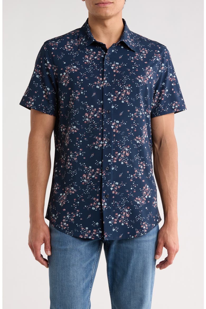 Floral Print Short Sleeve Performance Button-Up Shirt, Main, color, NAVY HARDY FLORAL