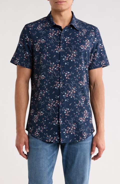 Floral Print Short Sleeve Performance Linen Button-Up Shirt