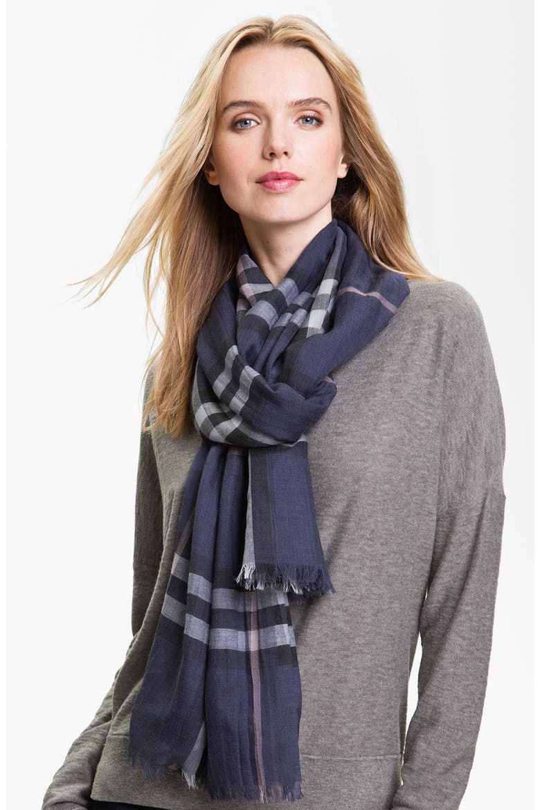 Giant Check Print Wool & Silk Scarf, Main, color, DARK HEATHER CHECK