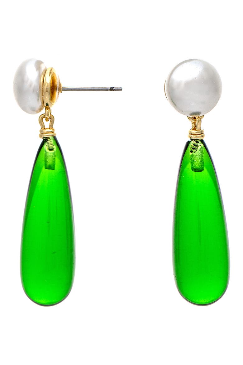 Faux Pearl & Emerald Drop Earrings, Main, color, EMERALD