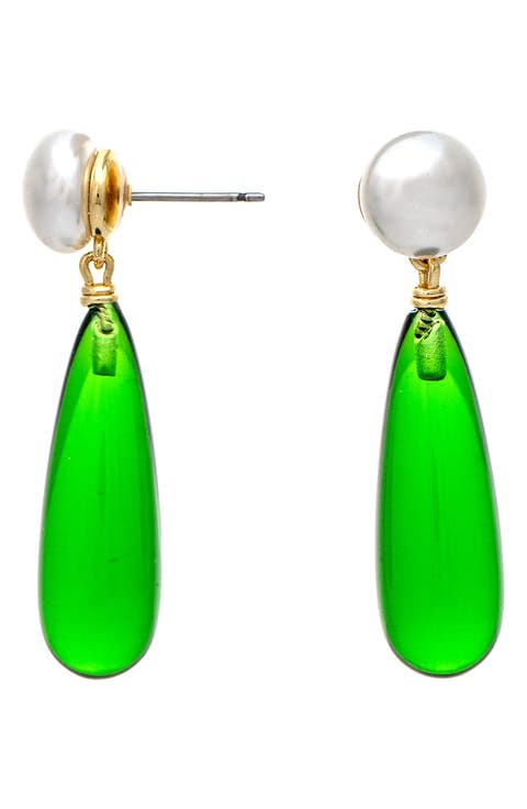 Faux Pearl & Emerald Drop Earrings