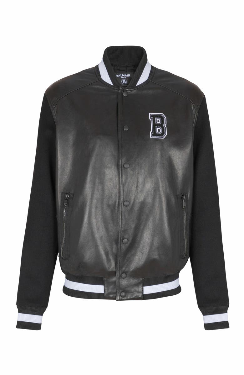Balmain Varsity Lambskin Leather And Wool Jacket, Alternate, color, Black