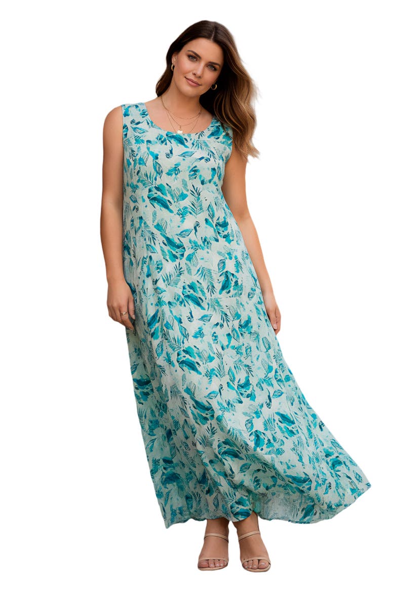 Hand Crinkled Sleeveless Dress, Main, color, TURQUOISE MIXED LEAVES