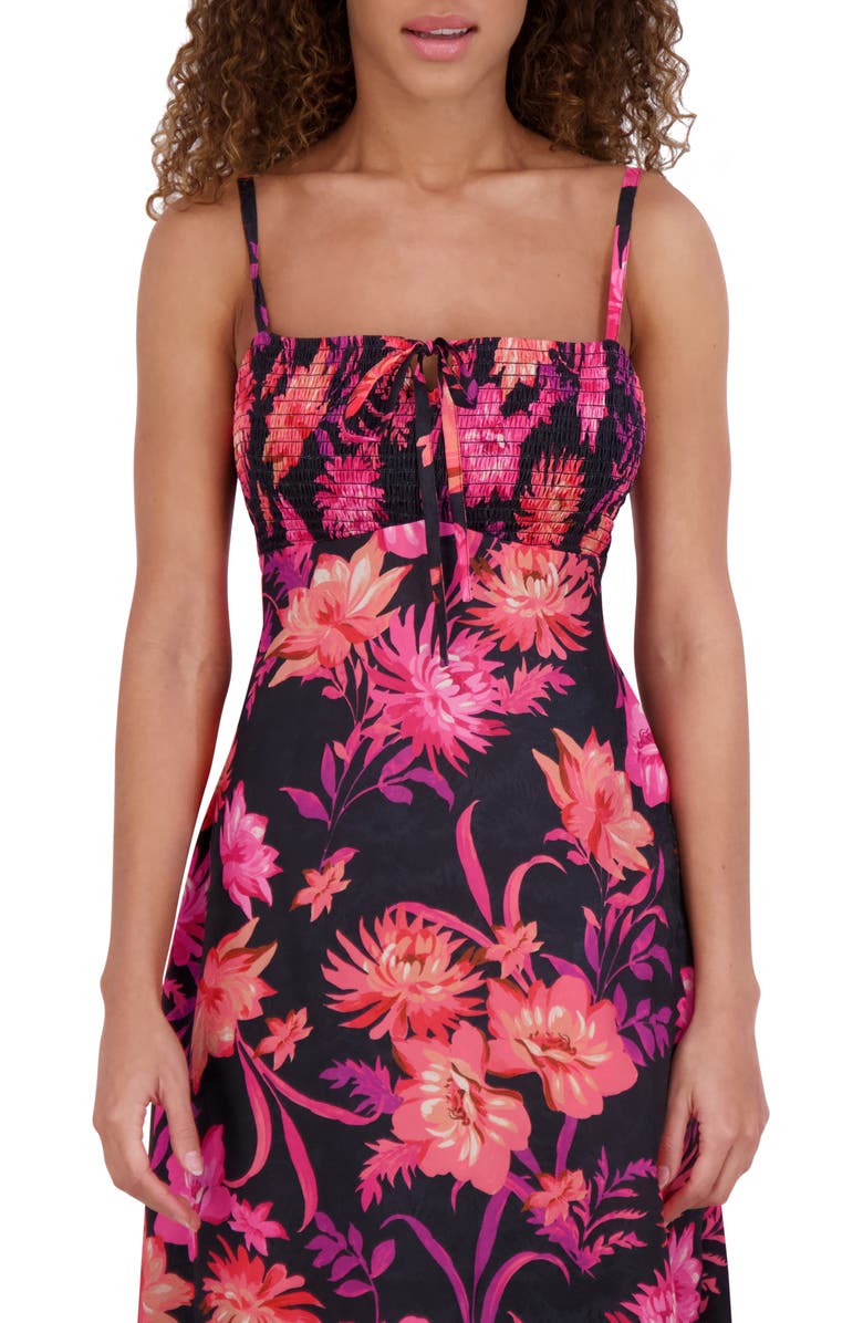 Kensie Smocked Bust Midi Sundress, Alternate, color, Black Multi