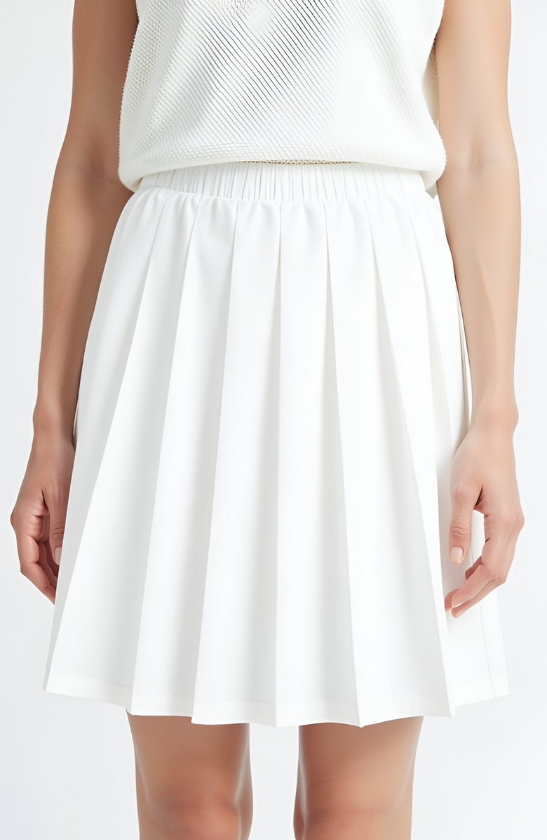 Modenaire Pleated Mini Skirt with Elastic Waistband in Structured Woven Fabric, Alternate, color, 