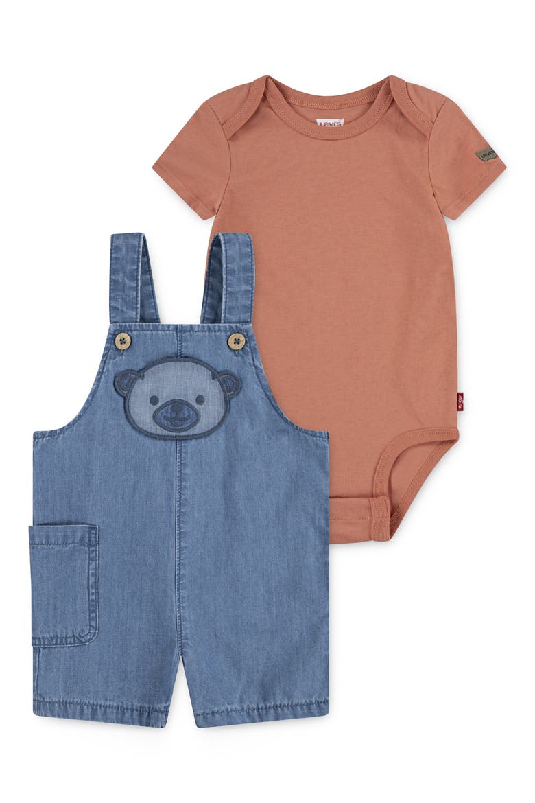 Bear Applique Bodysuit & Denim Shortalls Set, Main, color, TWANY ORANGE