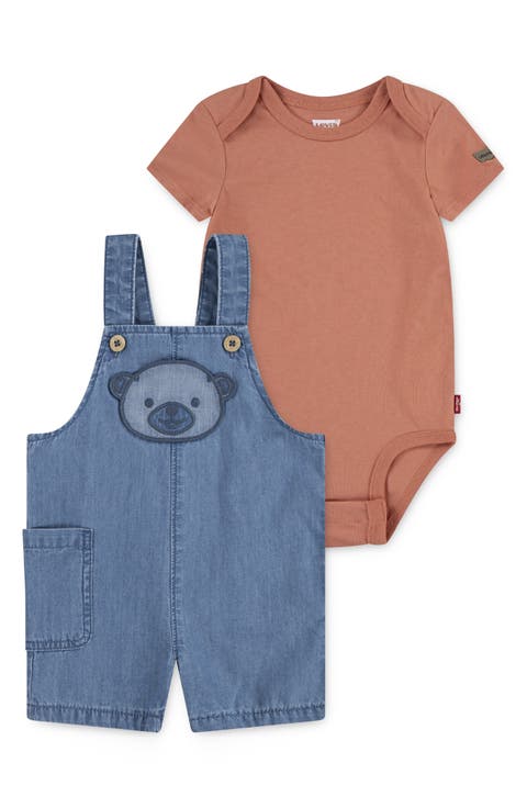 Bear Applique Bodysuit & Denim Shortalls Set (Baby)