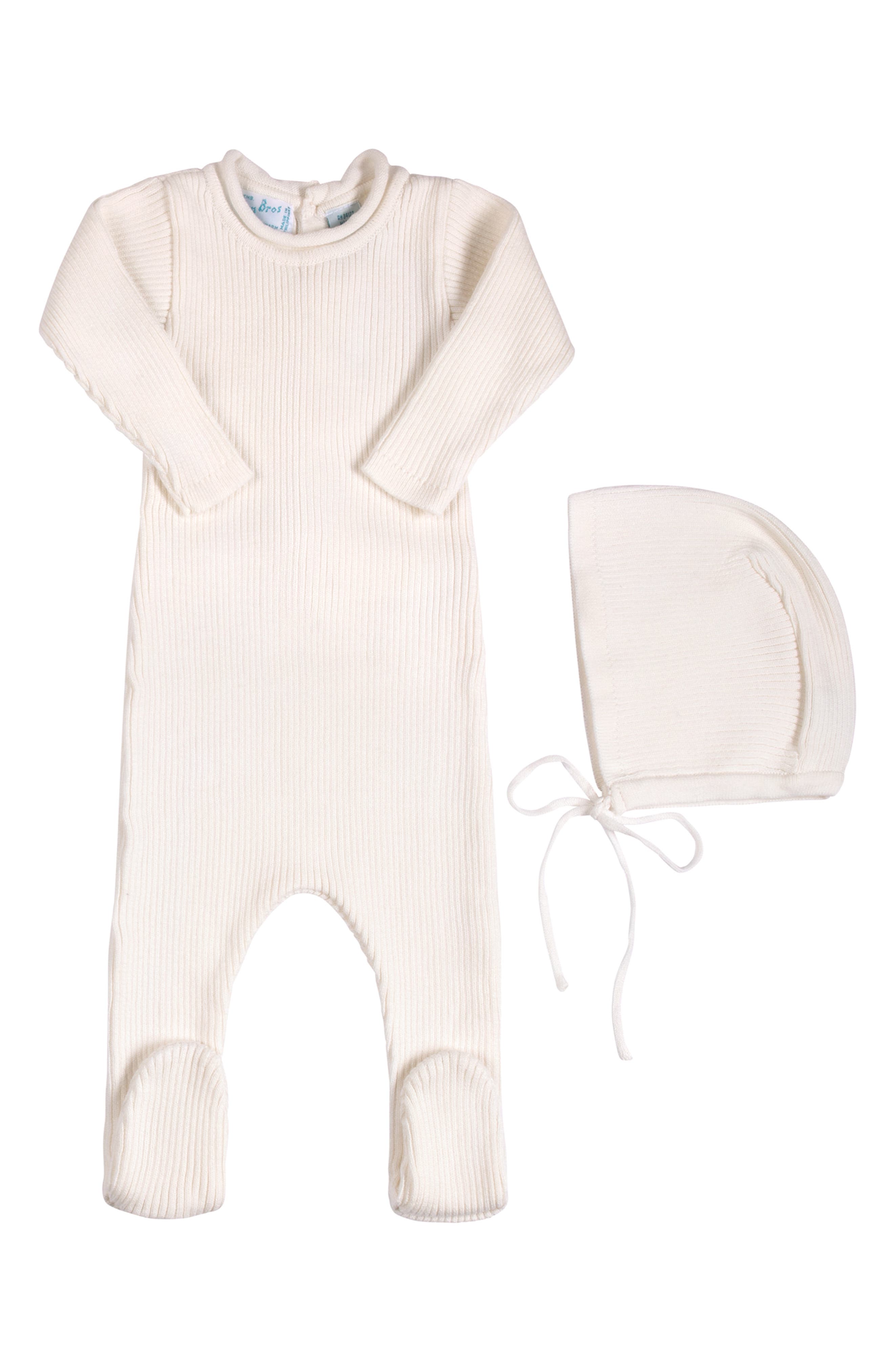 Feltman Brothers Rolled Collar Rib Knit Footie & Bonnet Set in Ivory 