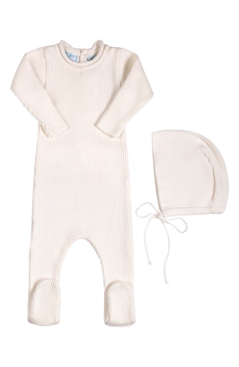 Feltman Brothers Rolled Collar Rib Knit Footie & Bonnet Set, Main, color, Ivory