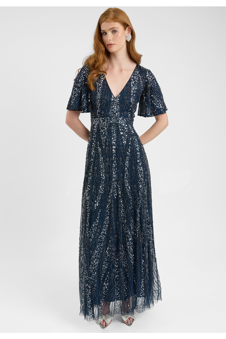 Embellished Sequin Beaded Maxi Dress With Flutter Sleeve, Alternate, color, NAVY