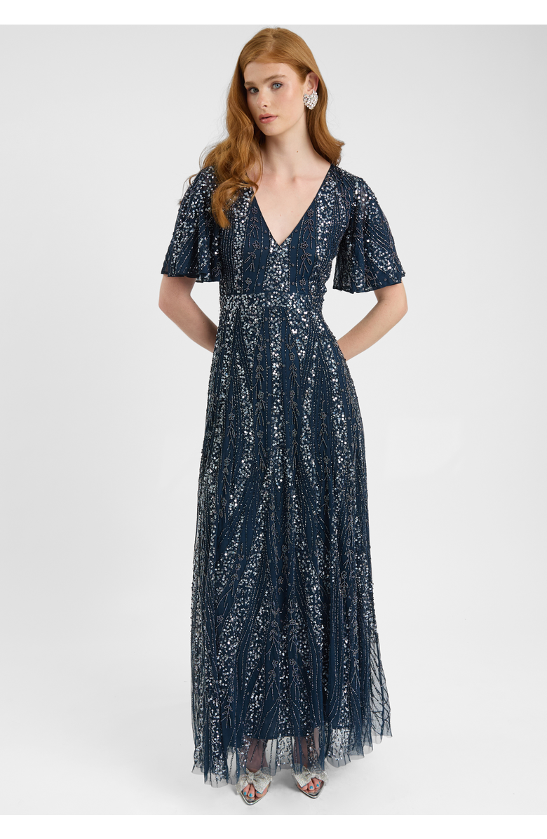 BEAUUT Embellished Sequin Beaded Maxi Dress With Flutter Sleeve, Alternate, color, Navy