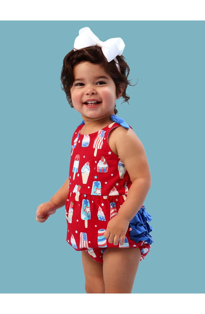 RuffleButts Baby/Toddler Knit Tie Shoulder Bubble Romper, Alternate, color, Stars & Scoops
