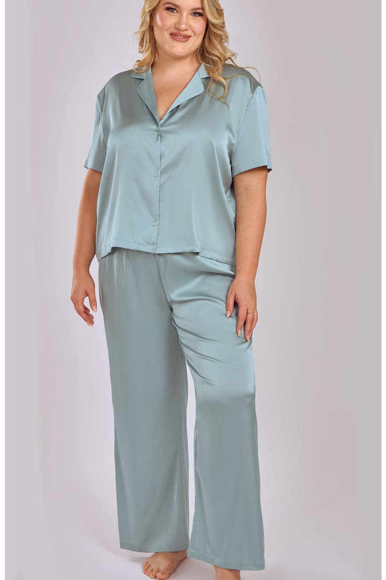 Stretch Satin Pajama Set with Button-Down Top, Main, color, Sage