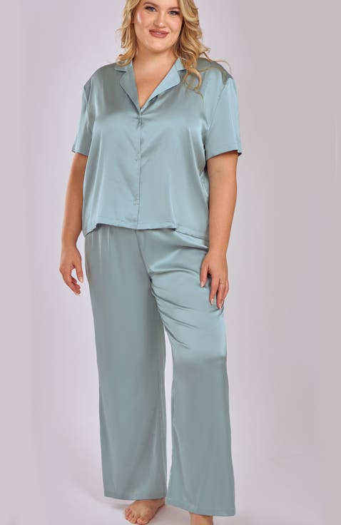 Stretch Satin Pajama Set with Button-Down Top