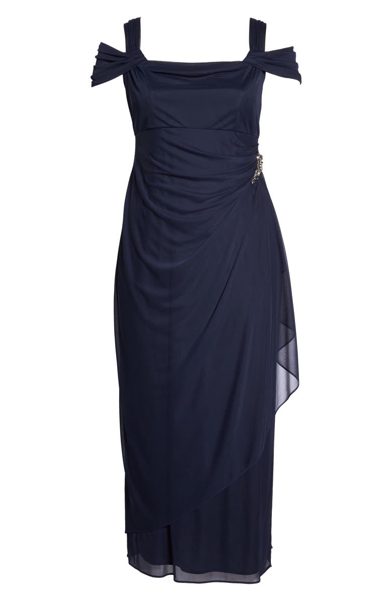 Alex Evenings Embellished Cold Shoulder Gown, Alternate, color, Navy