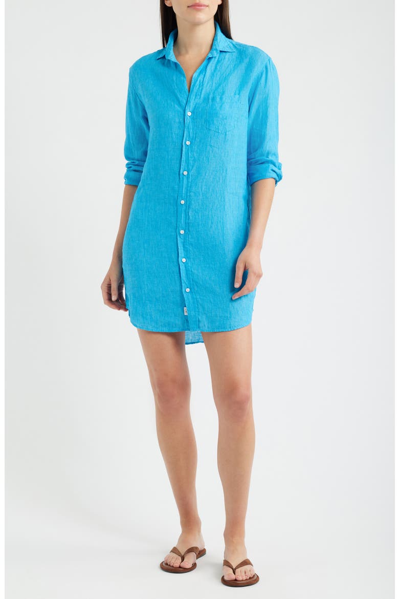 Mary Classic Long Sleeve Linen Shirtdress, Main, color, TURQUOISE LINEN