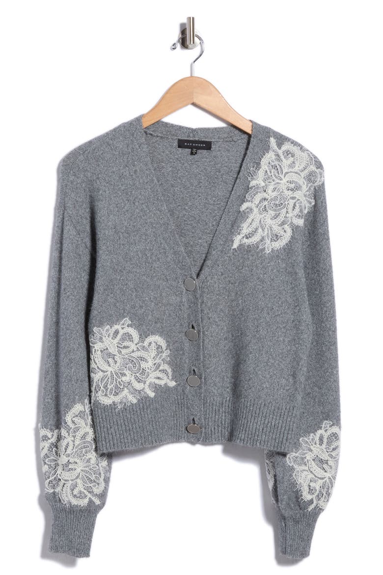 Lace Trimmed Cardigan, Alternate, color, GREY COMBO