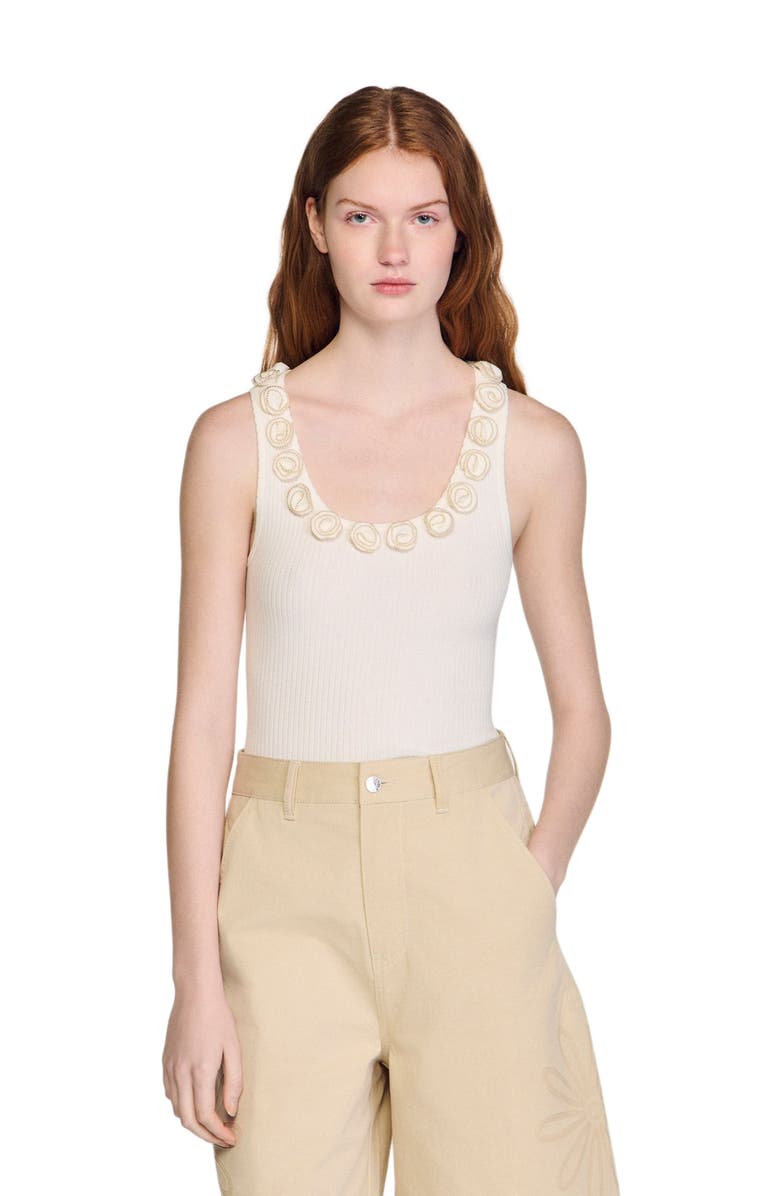 SANDRO Ribbed sweater with beaded roses, Main, color, White