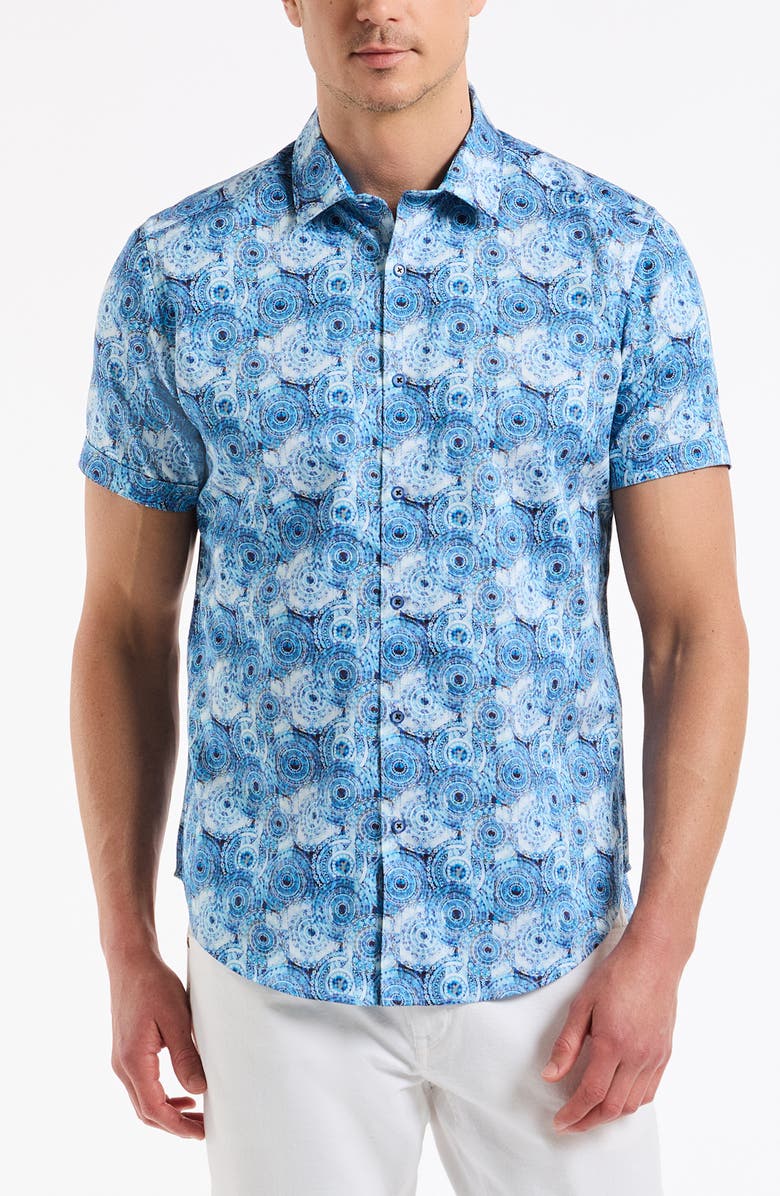 Robert Graham Ripon Short Sleeve Cotton Button-Up Shirt, Main, color, Blue