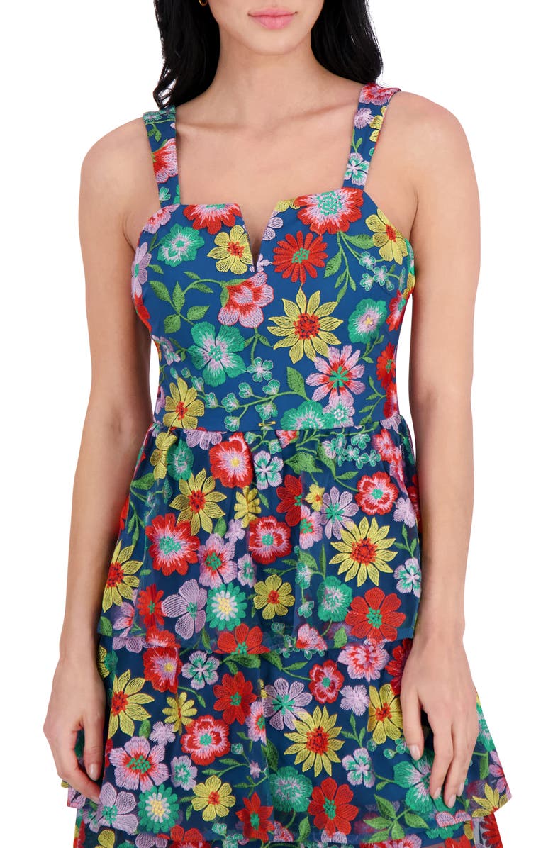 Kensie Embroidered Mesh Tiered Dress, Alternate, color, Blue Multi