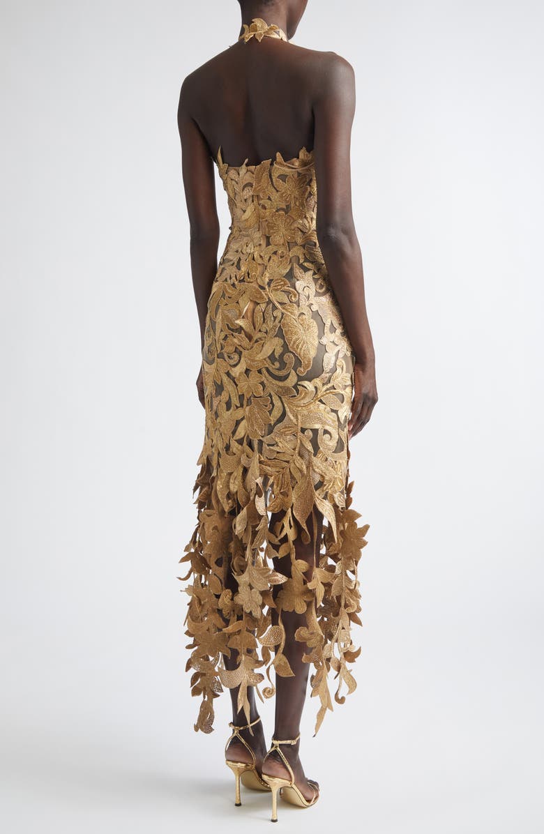 Oscar de la Renta Floral Metallic Corded Lace Halter Cocktail Dress, Alternate, color, Oyster