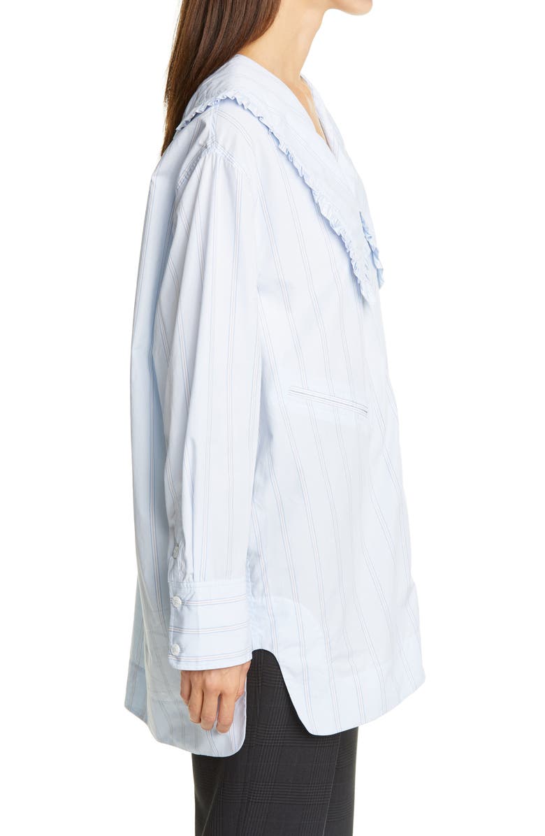 Ganni Ruffle Collar Stripe Cotton Oversized Shirt, Alternate, color, 