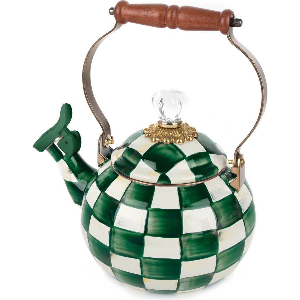 Mackenzie-childs Mackenzie Childs Emerald Check Enameled Steel 2-quart Whistling Tea Kettle In Green