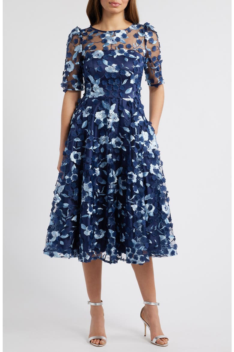 Floral Appliqué Cocktail Midi Dress, Main, color, NAVY