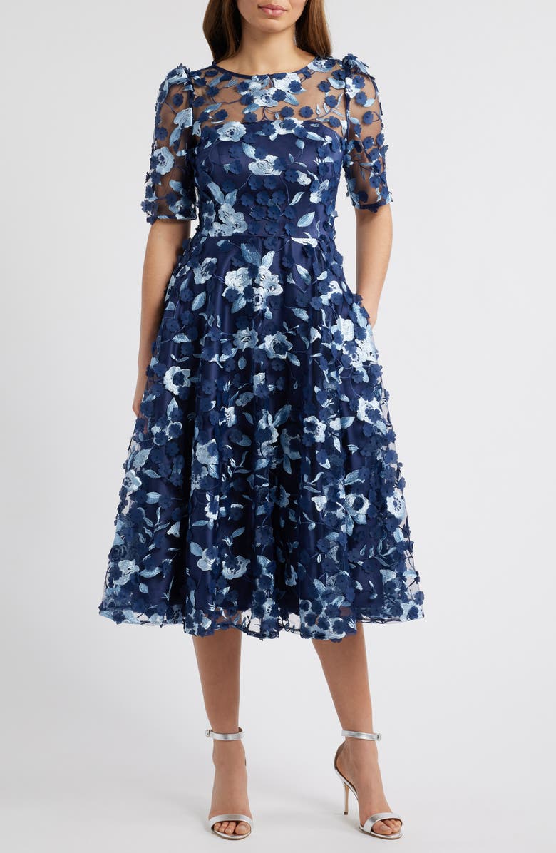 Eliza J Floral Appliqué Cocktail Midi Dress, Main, color,