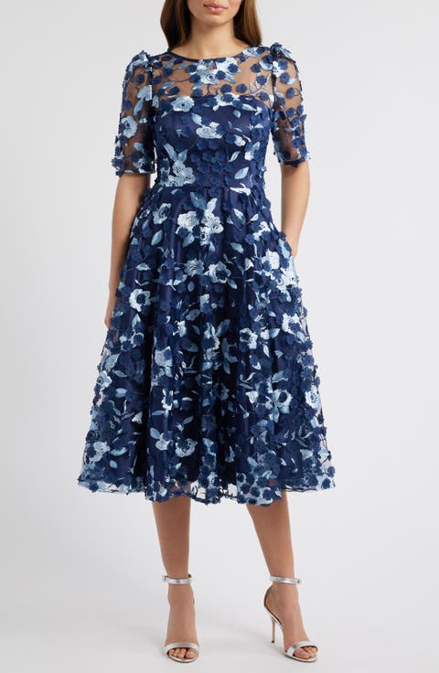 Floral Appliqué Cocktail Midi Dress