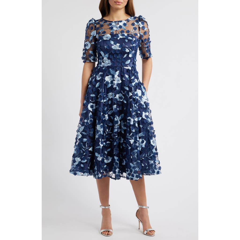 Eliza J Floral Appliqué Cocktail Midi Dress In Navy