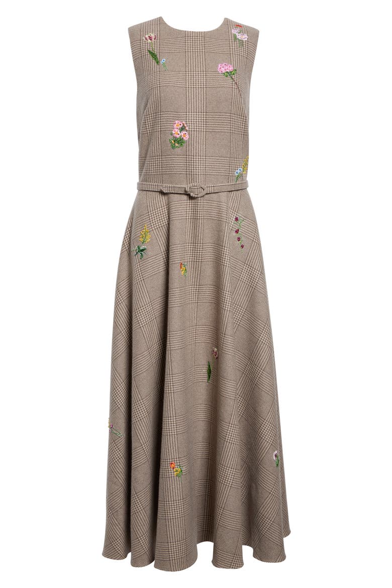 Embroidered Sleeveless Glen Plaid Wool Blend Dress, Alternate, color, TAUPE