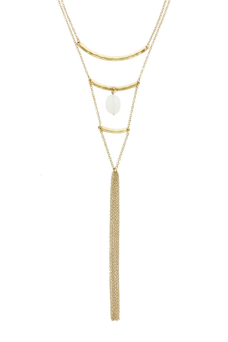 14K Gold Plated Dangle Stone Layered Long Tassel Necklace, Main, color, WORN GOLD / OPAL