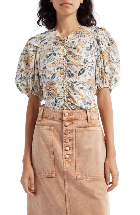 Elisa Ruched Puff Sleeve Silk Blouse