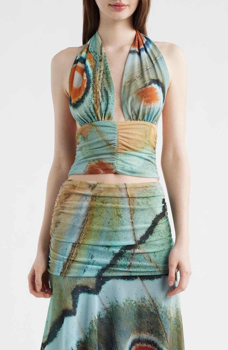 Feners Festa Print Plunge Halter Neck Crop Top, Main, color, Marbre