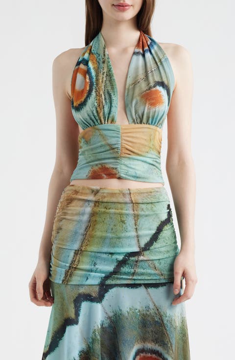 Festa Print Plunge Halter Neck Crop Top