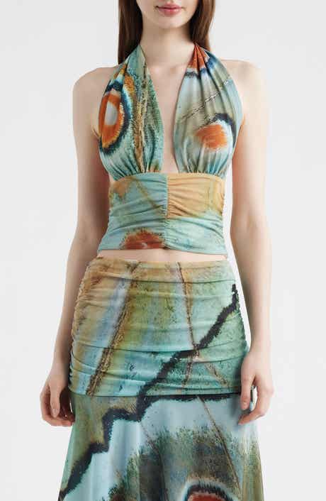 Festa Print Plunge Halter Neck Crop Top