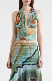 Feners Festa Print Plunge Halter Neck Crop Top