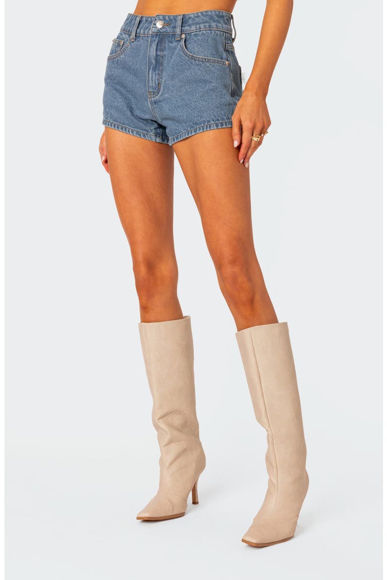 Bow Pocket High Waist Denim Shorts, Alternate, color, BLUE-WASHED