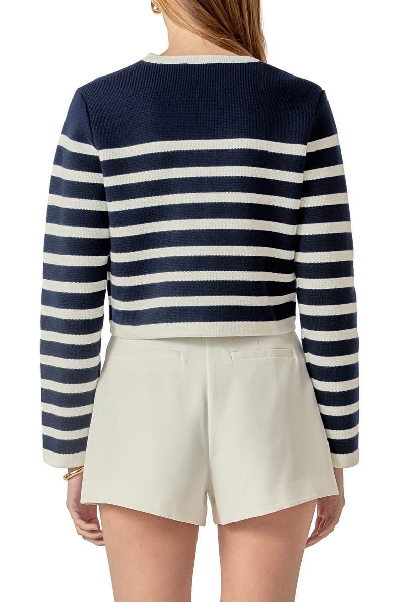 English Factory Stripe Crop Cardigan, Alternate, color, Navy/ Off White