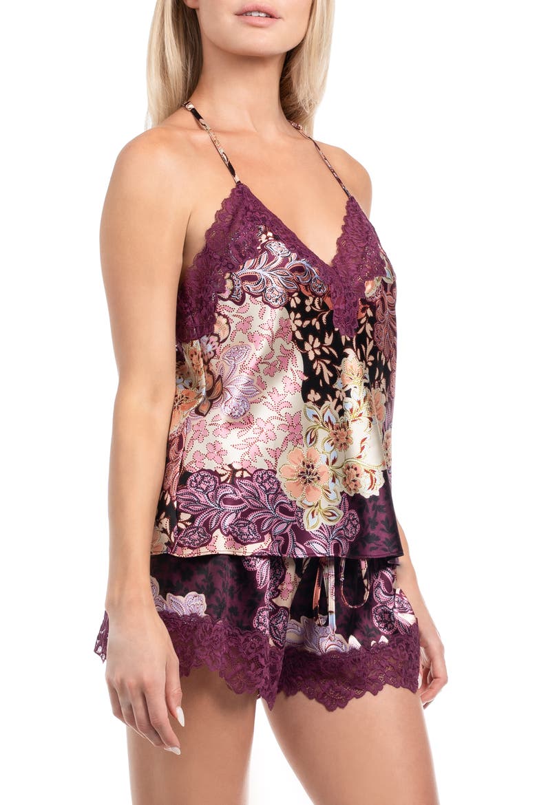 Anna Printed Lace Trim Satin Camisole & Shorts Pajamas, Alternate, color, PLUM